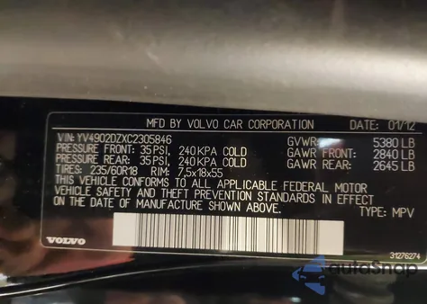 2012 Volvo Xc60 T6/T6 Platinum/T6 Premier Plus/T6 R-Design/T6 R-Design Platinum/T6 R-Design Premier Plus z USA, uszkodzony, nr VIN YV4902DZXC2305846